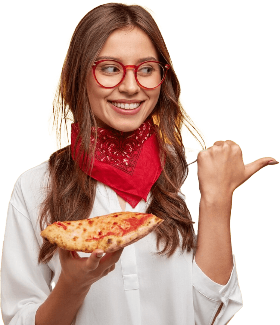 Woman holding pizza
